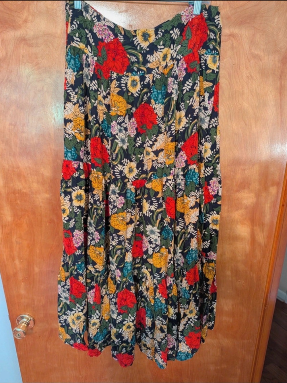 NATURAL LIFE Black Maxi Skirt with Red, Mustard & Teal Floral Print